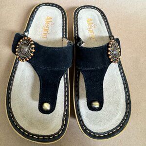 Alegria Carina Folkie Black Suede Beaded Button Thong Sandals. Size EU 35